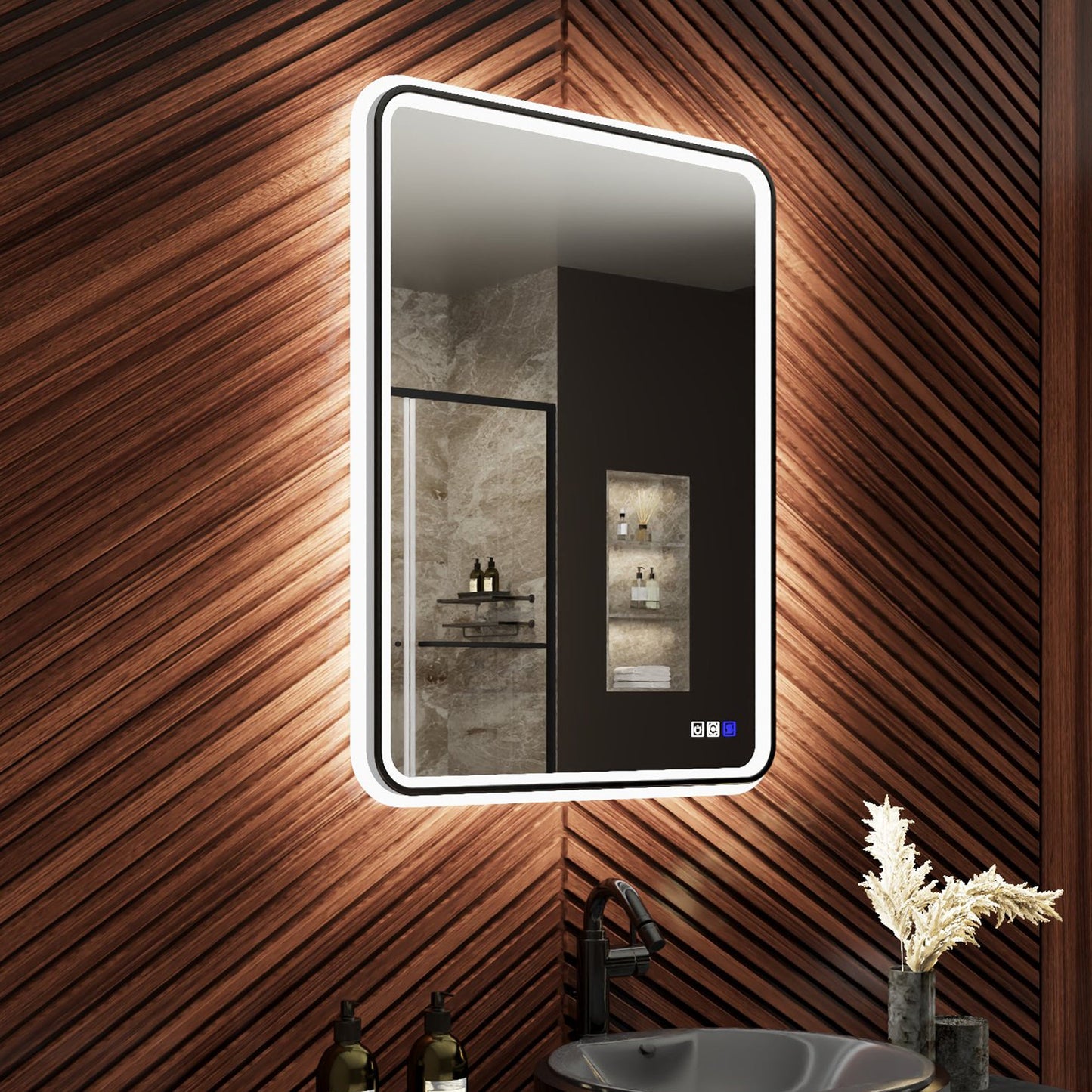 Lumina 24" W x 32" H LED Lighted Bathroom Mirror,High Illuminate, Inner & Outer Lighting,Anti-Fog, Dimmable,Black Frame with Rounded Corners