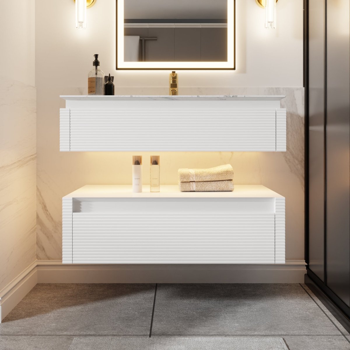 Segeo 36" Modern Solid Oak Floating Bathroom Vanity Cabinet White with Lights and Marble Countertop